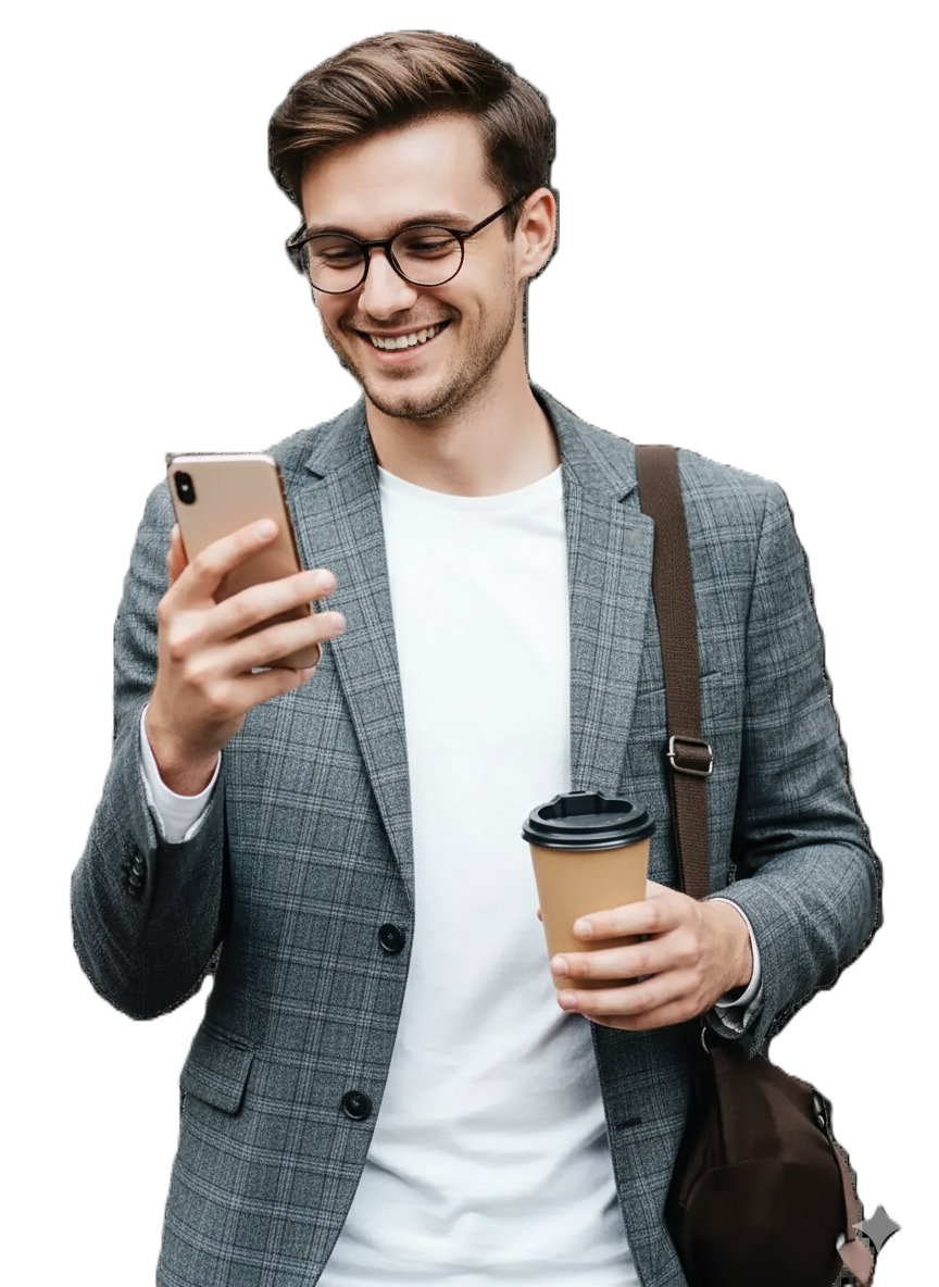 A young man using his mobile to sign up with S - a global online trading broker